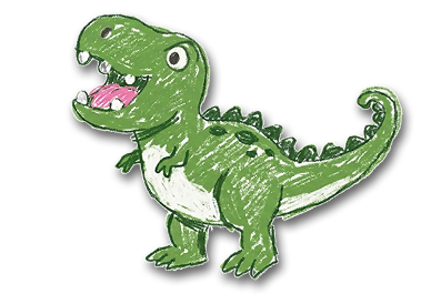 RAWR mascot — a friendly green dinosaur drawn in crayon