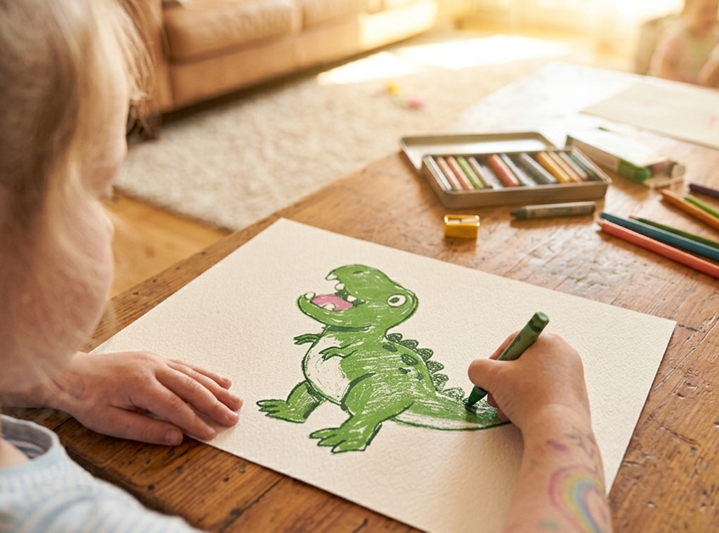 A child drawing a green dinosaur on paper with crayons