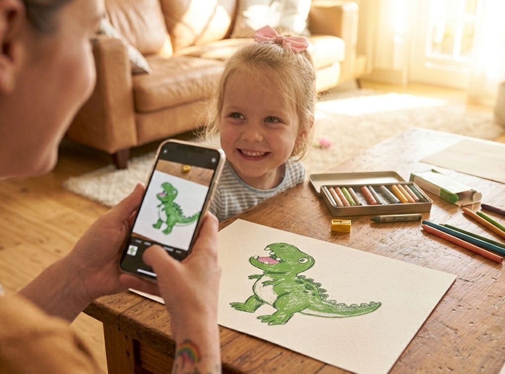 A parent photographing a child's dinosaur drawing with their phone