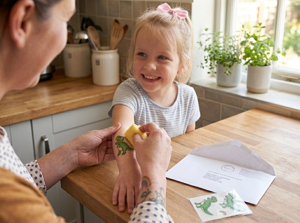 A parent handing a printed temporary tattoo to a smiling child