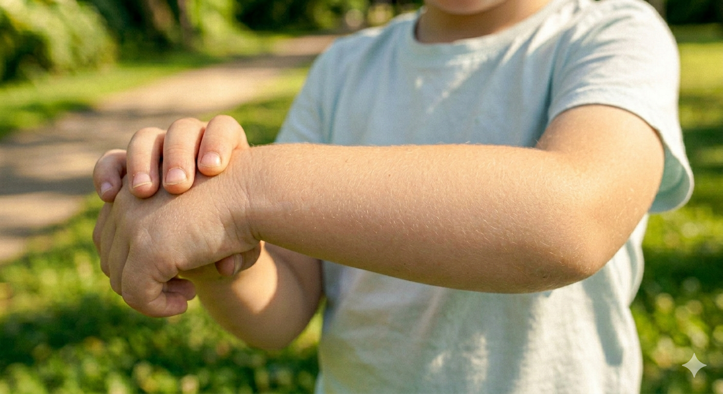 A child's arm wearing a temporary tattoo of their drawing